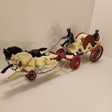 Vintage Cast Iron Fire Engine Horse Drawn Hose Wagon with 2 Fire Fighters