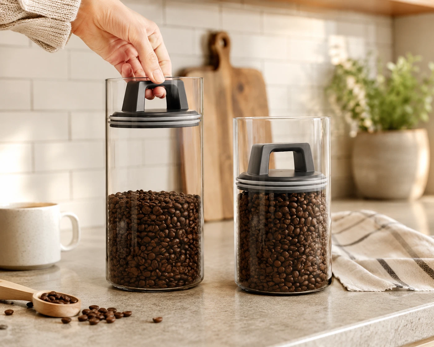2 x 1300ml Airtight Glass Storage Jar Vacuum Seal Coffee Bean Tea Food Container