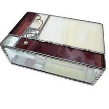 Stained Glass Trinket Jewelry Box Geometric Purple Clear Panels 6.5" Mirror Vtg