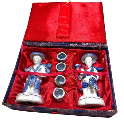 Vintage Blue & White Porcelain Figurines With Buckets In Silk Box Made In Japan