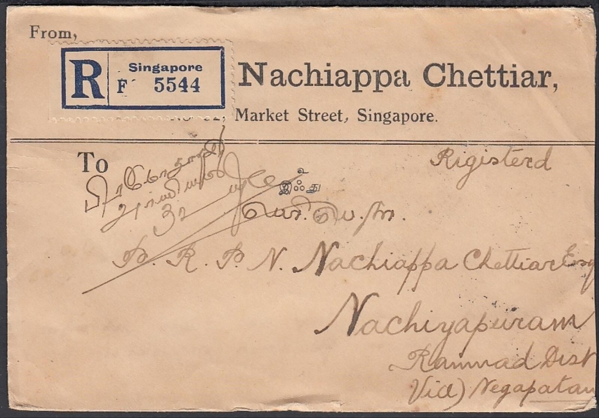 Singapore 1930 - Registerd Cover to Nachiyapuram-India.(VG