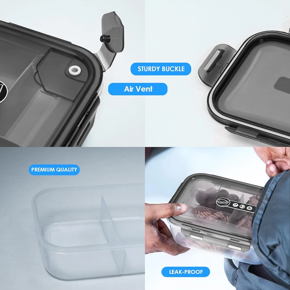 Bento Box Adult Lunch Box, 3 Compartment Meal Prep Containers with Lids, Clear L