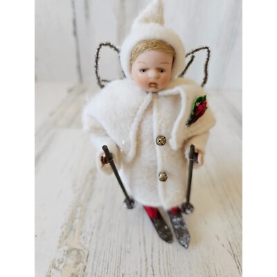 Victorian style girl skiing skier angel cherub ornament Xmas tree