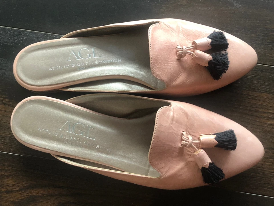 AGL BLUSH Genuine  LEATHER OPEN BACK POINTED TOE Tassels Flat Shoes Sz:39