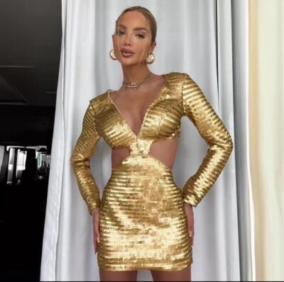 slim fit dress slacks Invite | Gold Sequin Square-Neck Mini Dress main image 0