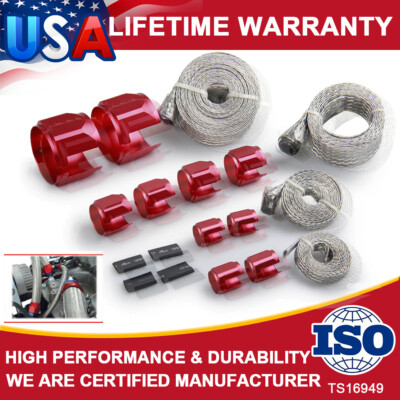 Red Stainless Steel Braide Engine Vacuum Heater Fuel Line Hose Sleeve Clamps Kit