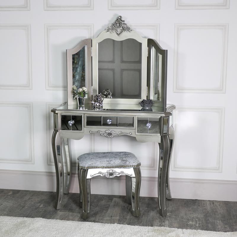 Silver mirrored dressing table stool mirror ornate bedroom furniture set