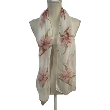 Womens Scarf White Pink Floral 12x58" Semi Sheer