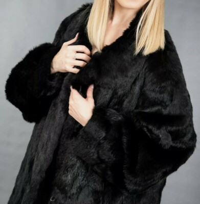XL-2XL AMAZING BLACK REAL LAPIN COAT LUXURY SOFT FUR BEAUTIFUL