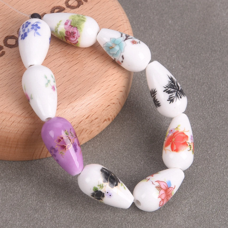 10pcs Flower Patterns 10x20mm Teardrop Shape Ceramic Porcelain Loose Beads Lot - Image 2 of 3
