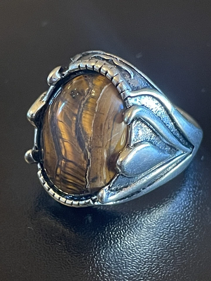 Anillo llamativo vintage ojo de tigre piedra S925 plateado hombre mujer talla 9 Foto 3 de 4