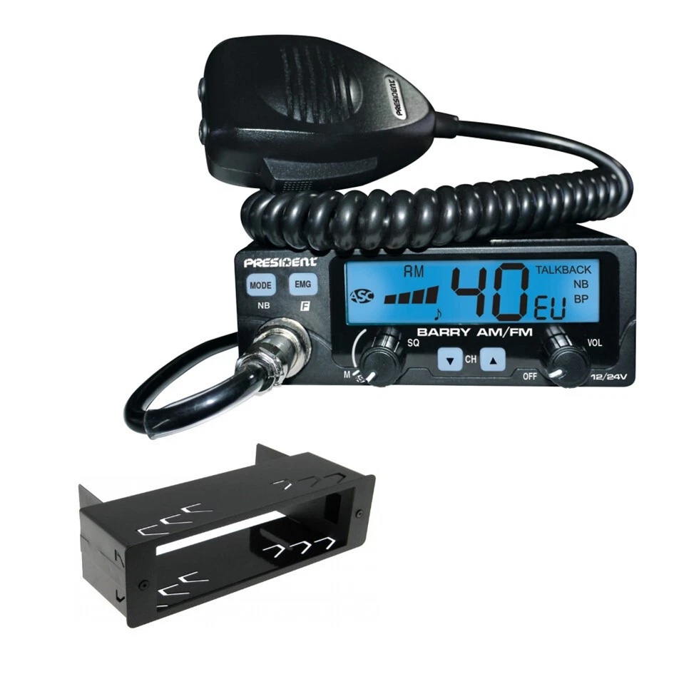 SET  President Barry II CB-Funkgerät 12/24 Volt mit DIN Schacht Einbauhalter 