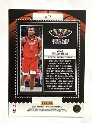 2023-24 Panini Mosaic Zion Williamson Jam Masters Card #16 | eBay