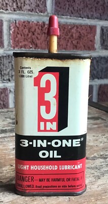 Vintage 3-in-One Household Light Oil oz. Tin Can White Black Red