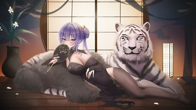 Anime girls ecchi lying on side big  cleavage tiger Playmat Gaming Mat Desk