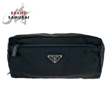 PRADA Tessuto Saffiano Leather Triangle Logo Plate Black Nylon Clutch Bag Second