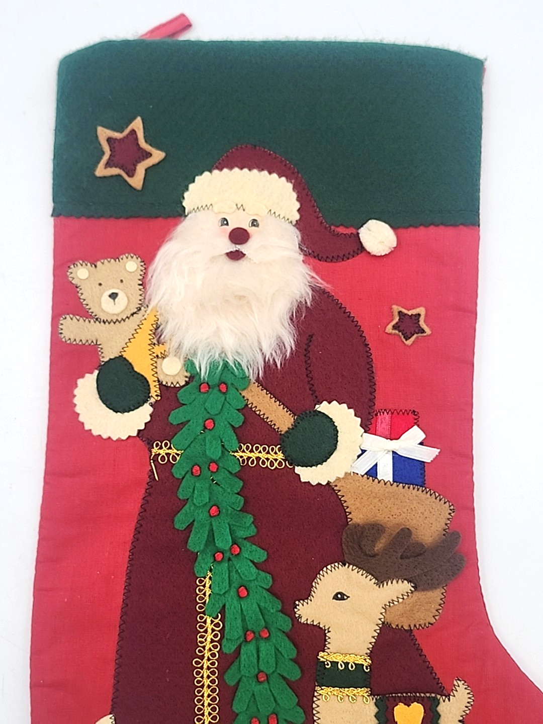 2 Felt Applique Christmas Stockings Santa W Reindeer & Snowman Primitive Style