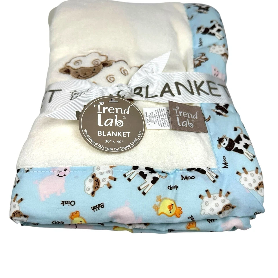 Trend Lab Plush Baby Blanket Farm Animals Embroidered Lamb Cow Pig 30 x 40 NEW - Image 2 of 4