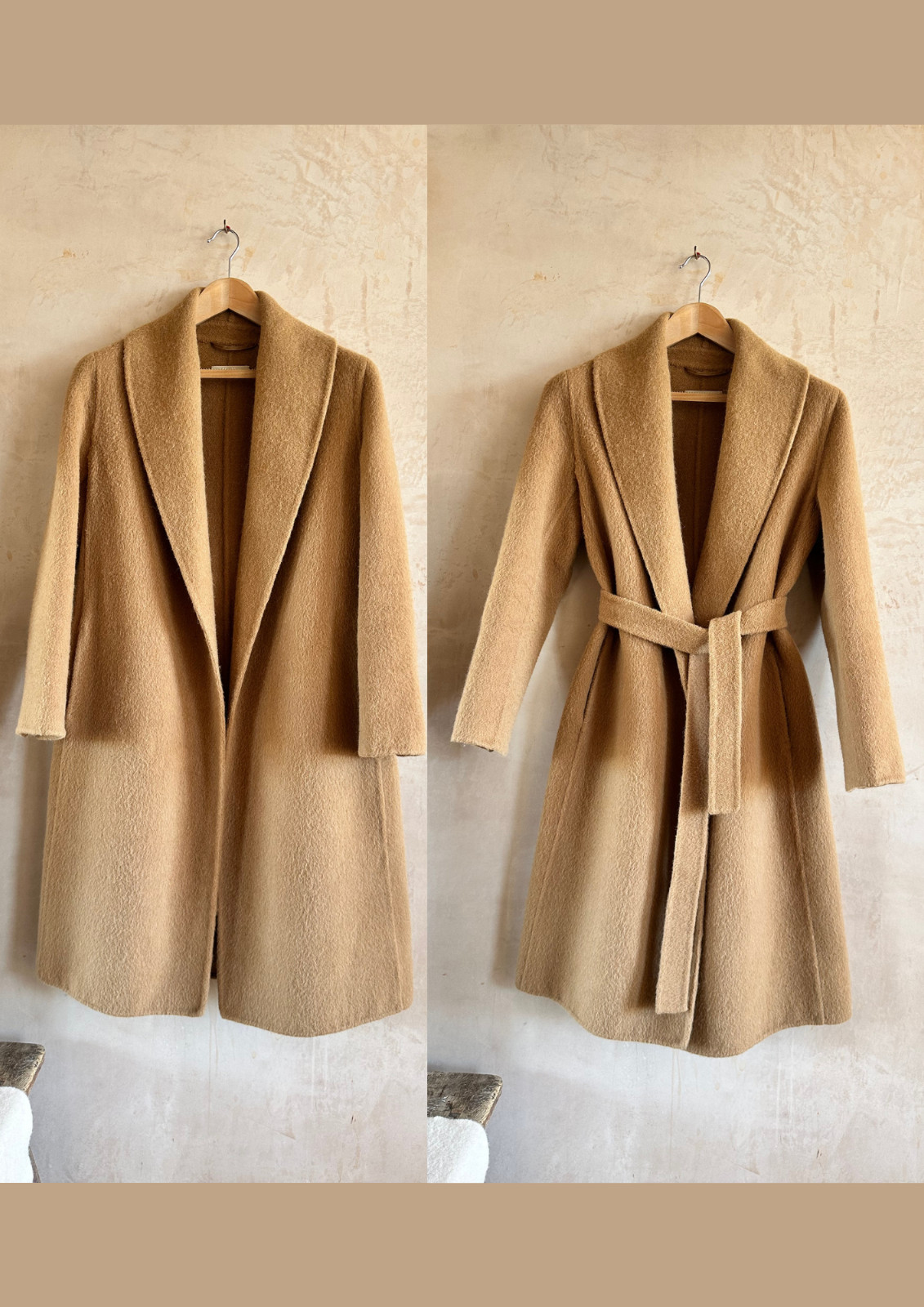 Max Mara Camel Coat uk 12 Wool Alpaca Angora, Hand-Sewn Silk Lining, Belted