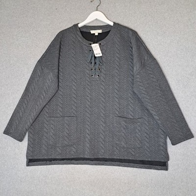 Weekend SuZanne Betro Womens 1XL Cable Knit Lace Up Blouse Top Gray