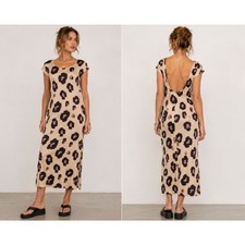 Leopard Print Open Back Maxi Dress Cap Sleeve Backless Bodycon Size Unknown