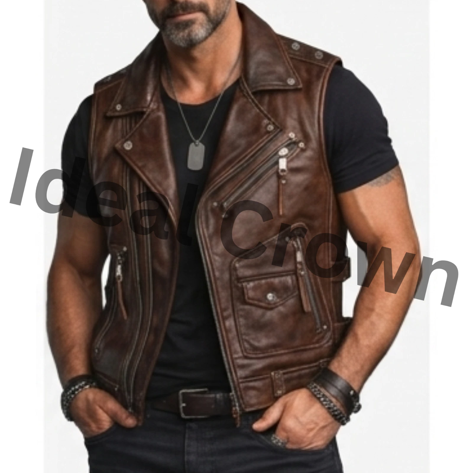Men's Brown Lambskin Leather Biker Vest Handmade Cafe Racer Waistcoat