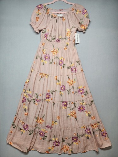 Anthropologie Kindred Blush Pink Petite PS Embroidered Tiered Boho Maxi Dress - Picture 3 of 18