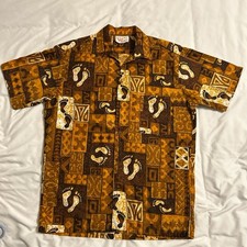 Vintage 1960s Barefoot In Paradise Tiki Hawaiian Button Shirt Made In Hawaii