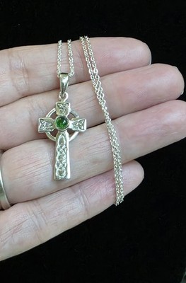 Solvar Celtic Cross Necklace Sterling Silver 925 Green CZ Irish Trinity Knot 16''