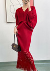 Issey Miyake pleated loose bat-sleeve V-neck fishtail fringed long Red — photo 4