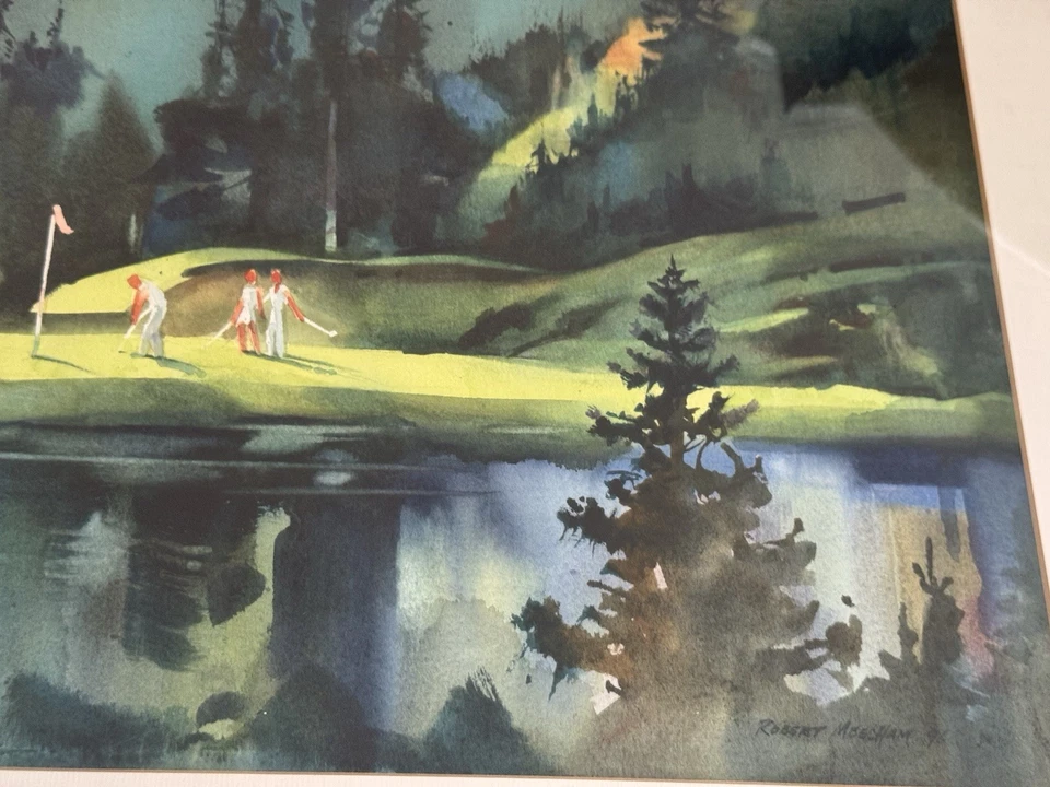Acuarela Original “Escena de Golf” por Robert Meecham -Enmarcado 29”x22” Foto 3 de 4