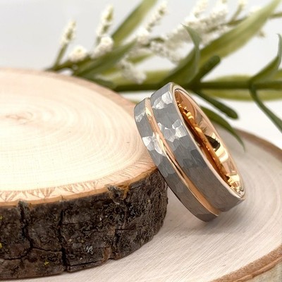 Hammered 8mm Tungsten Carbide Ring   Silver & Rose Gold Finish with Beveled Edge