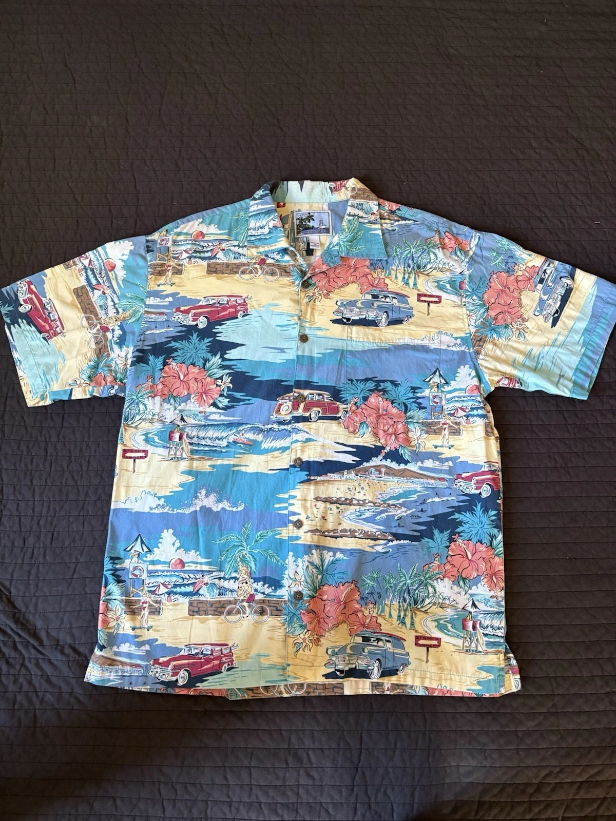 AFICO Bluewater Hawaiian Shirt XL Surf Cars Woody Wagons Beach USA 100% Cotton