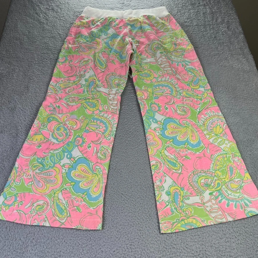 Pantalones Lilly Pulitzer Mujer Medianos Multicolor Elefantes Pierna Ancha Lino Playa Foto 2 de 4