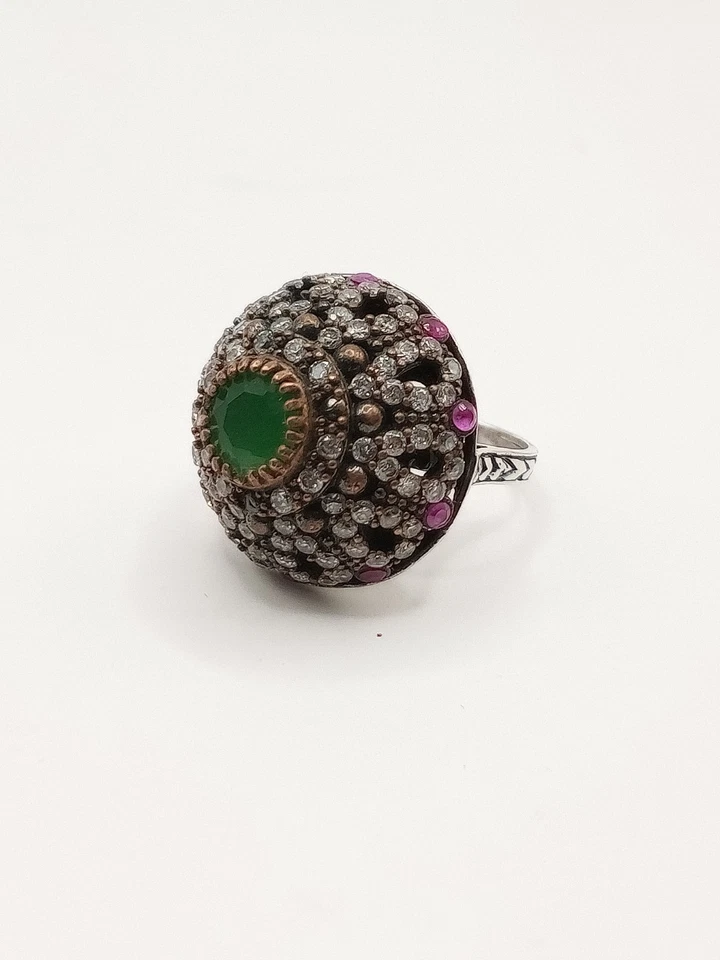 Anello Antico Vintage Argento Cupola Stile Turco Pietra Smeraldo Topazio Rubino - Immagine 4 di 4
