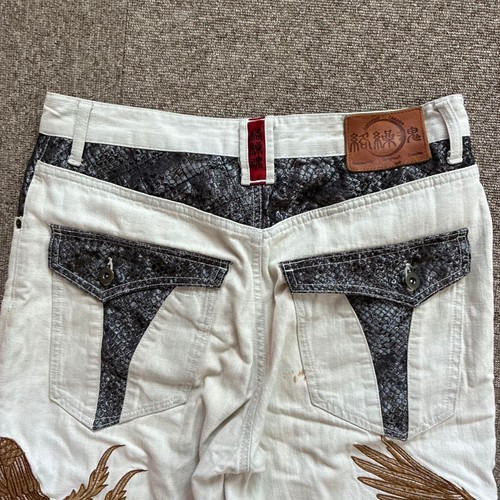 Karakuri Tamashii Men's Denim Jeans Pants Phoenix Embroidered Python White 32 - Picture 9 of 15