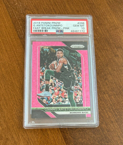 Giannis Antetokounmpo 2018 Panini Prizm Pink Fast Break #296 Bucks /50 PSA 10