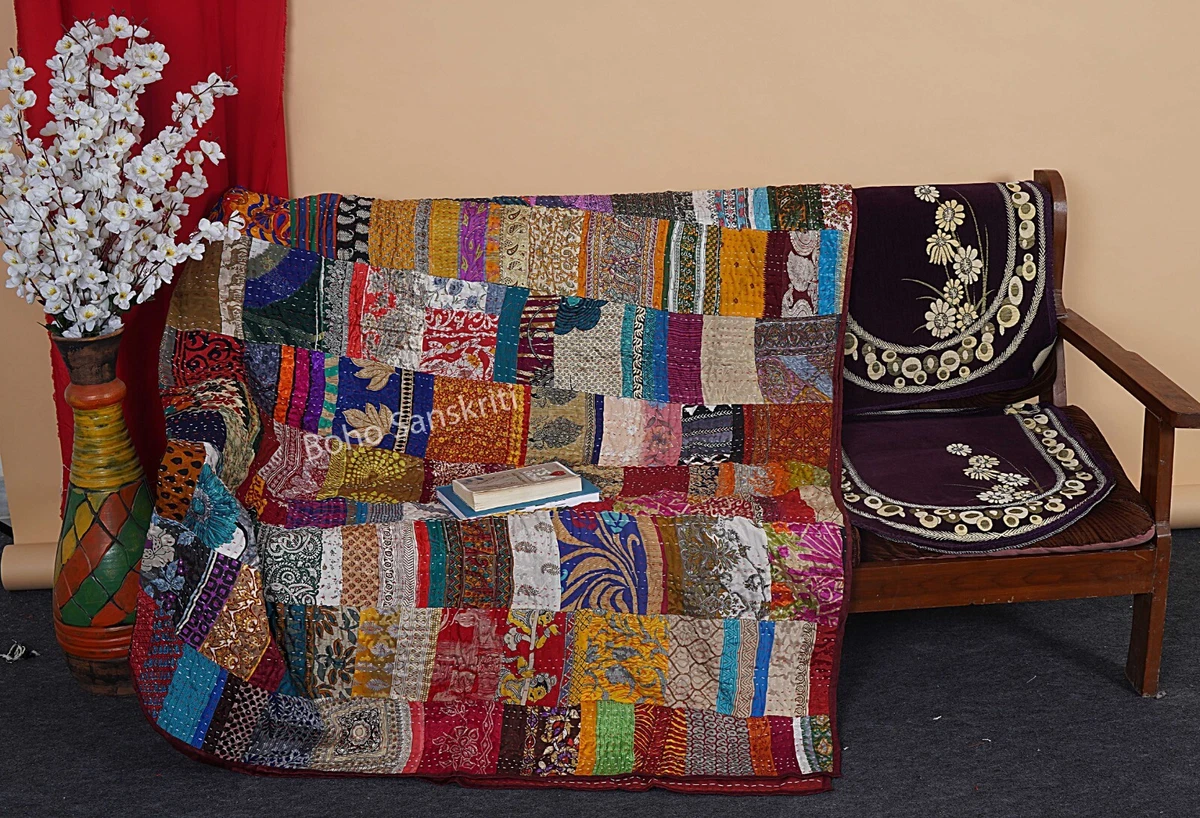 Indian Reversible Vintage Patchwork Kantha Quilt Multicolor Blanket Bed Cover