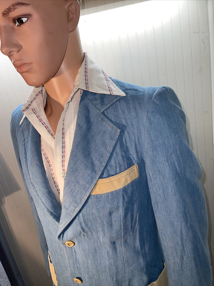 Chaqueta Blazer Abrigo Deportivo Pana Vintage Años 70 Azul Claro Denim Detalles 40 Foto 2 de 4