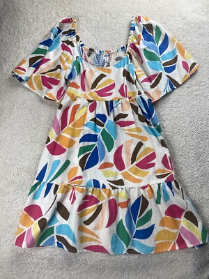 Tabitha Brown Dress Womens M Floral Linen Blnd Botanical Puff Sleeve  Smocked | eBay