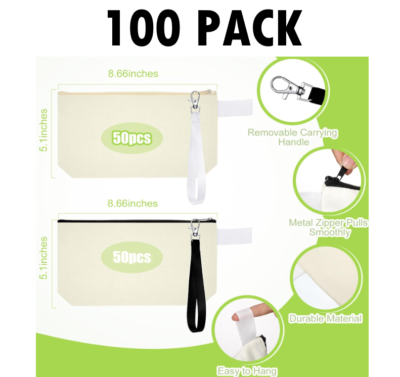 100 PACK! Blank Canvas Cosmetic Bags, Bulk Lot Heat Transfer