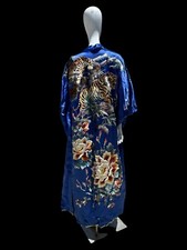 Vintage Royal Blue Kimono Robe Embroidered With 2 Large Tigers And Flowers