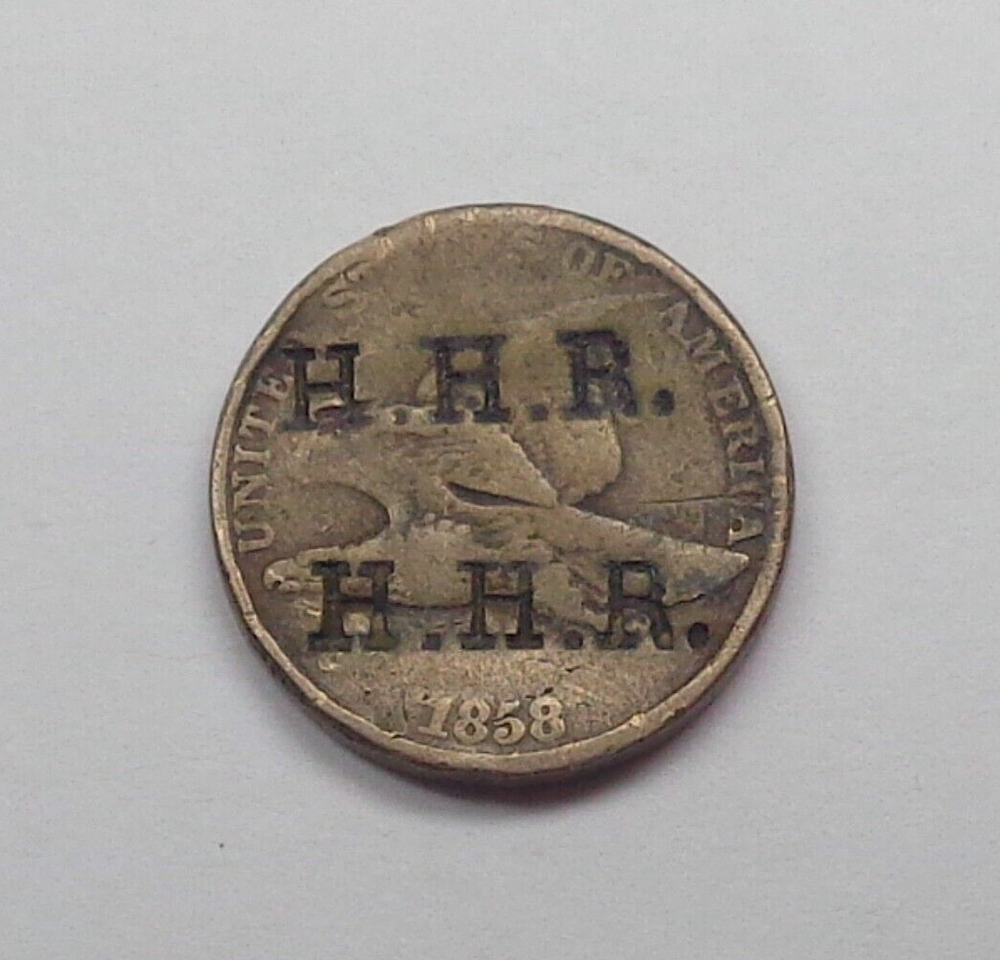 1858 US Flying Eagle Cent, countermarked “H.H.R./H.H.R.”