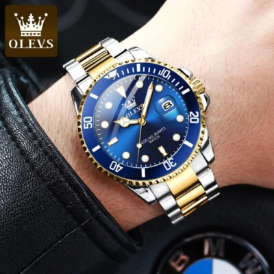 New OLEVS Luxury 5885 Water Ghost Stainless Steel Blue & Gold  Watch Authentic