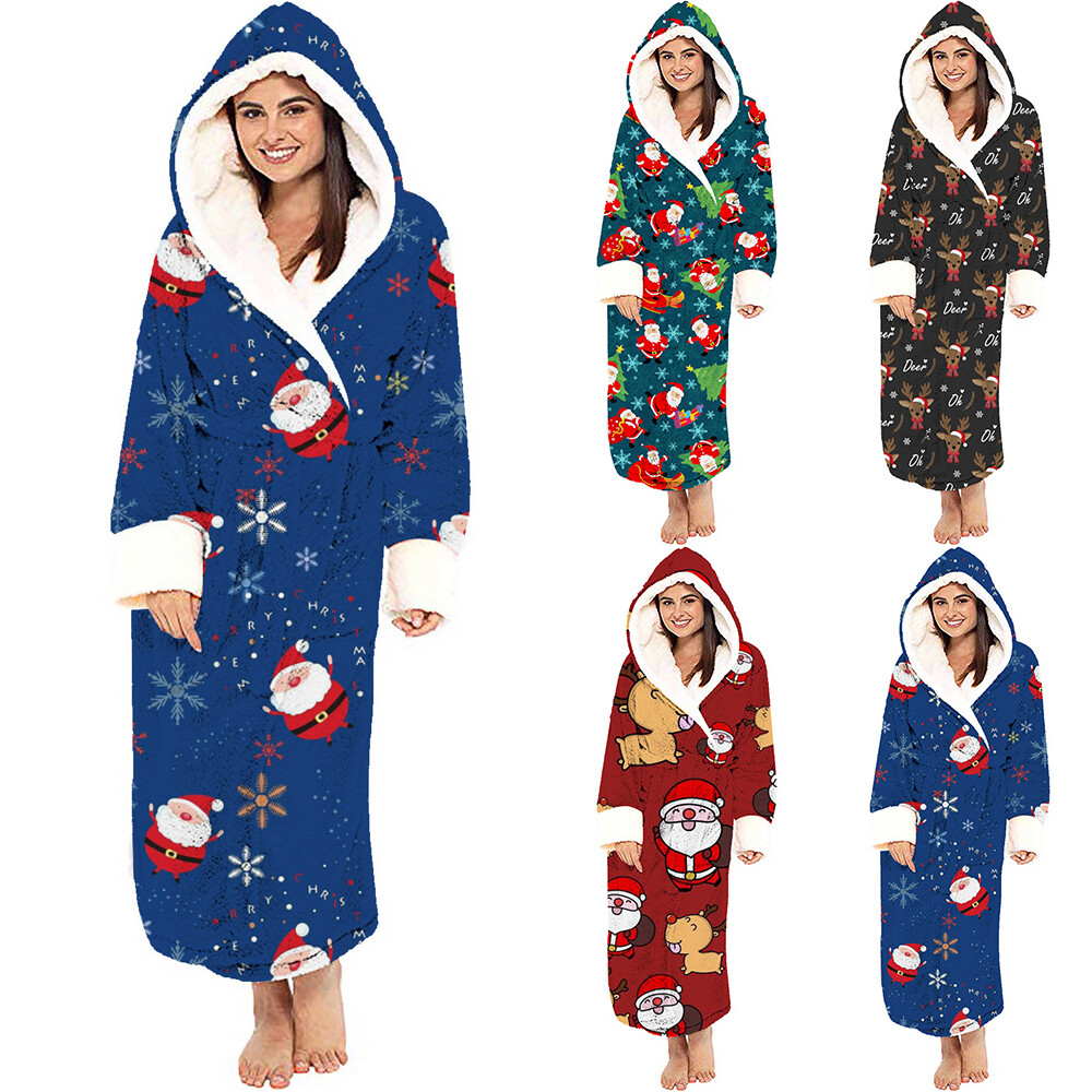 Women Christmas Printed Dressing Gown Hoodies Bathrobe Fleece Lined Fluffy  Robe | eBay