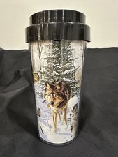 Vintage Thermo-Serv  Wolves Wolf Pack Snow Travel Tumbler Bob Schmidt  Art