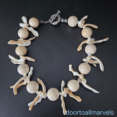 Gorgeous Shell & Flower Agate Statement Necklace Tribal Beach Boho