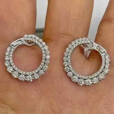 2Ct Round Cut Real Moissanite Huggie Hoop Women's Earrings 14K White Gold Plated