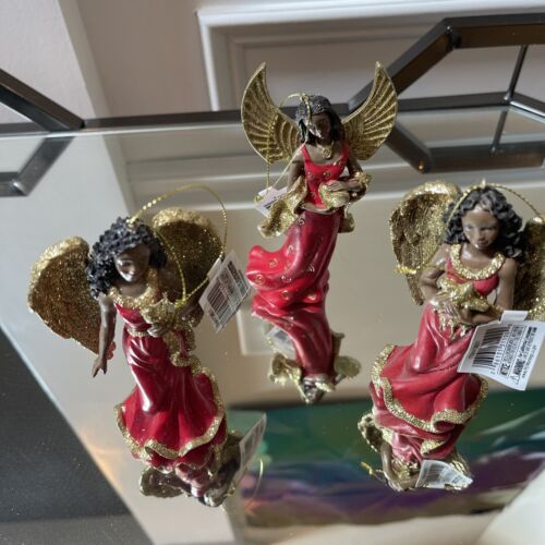 Kurt Adler Resin Red & Gold African American Angel Ornaments | Set of 3 - Afbeelding 1 van 5