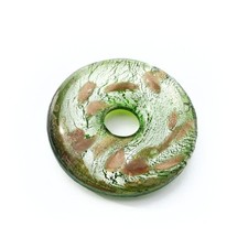 42mm Thick Green Glass Lampwork Donut Pendant, Silver Foil, Gold Flecks